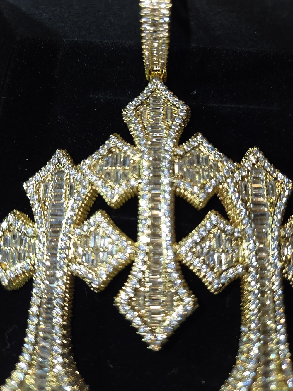 Iced Out Triple Cross Moissanite Pendant/14k Gold Vermeil Over 925 Sterlling NEW